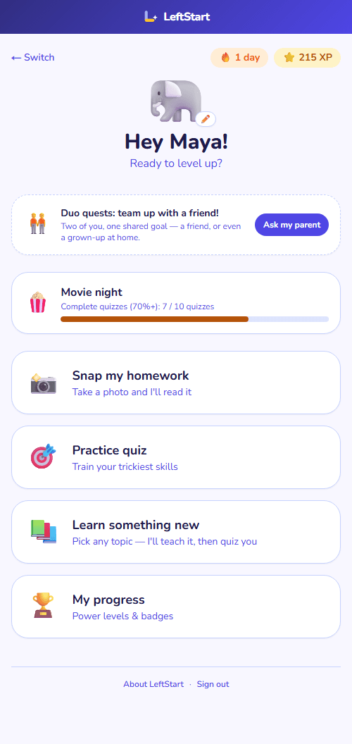 A 4th-grader's home screen: a streak and XP, a shared duo quest, a Movie night reward at 7 of 10 quizzes, and big friendly cards for snapping homework, practicing, and learning something new