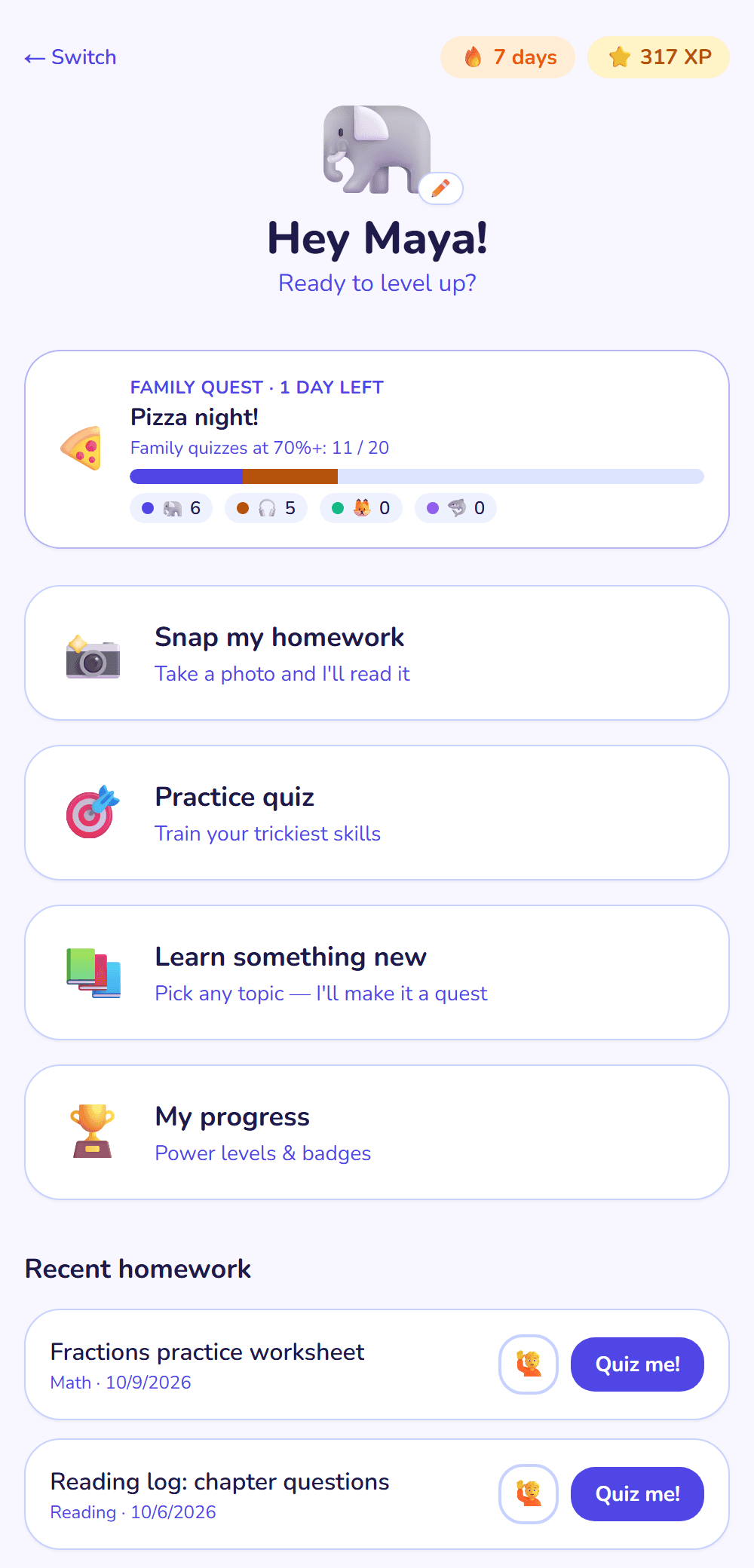A 4th-grader's LeftStart home screen with a family quest progress bar, streak, XP, and big friendly action cards